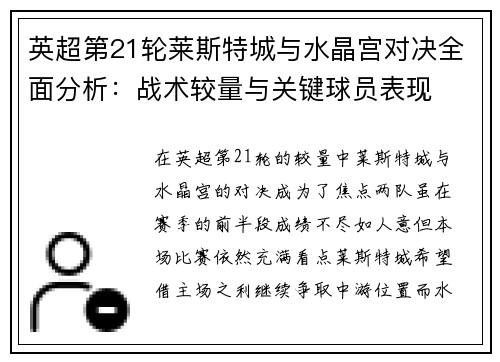 英超第21轮莱斯特城与水晶宫对决全面分析：战术较量与关键球员表现