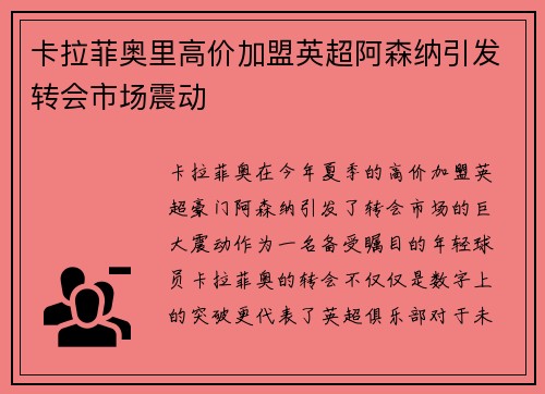 卡拉菲奥里高价加盟英超阿森纳引发转会市场震动
